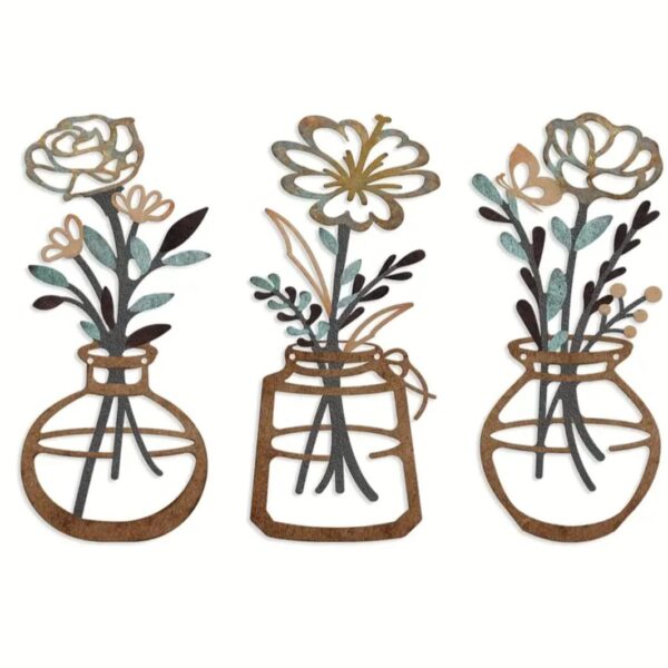 Acryl wanddecoratie van 3 vaasjes met bloemen