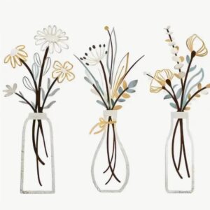 Kleurrijke metalen wanddecoratie van 3 vaasjes met bloemen