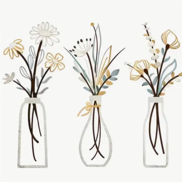 Kleurrijke metalen wanddecoratie van 3 vaasjes met bloemen