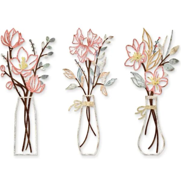 Kleurrijke metalen wanddecoratie van 3 vaasjes met bloemen