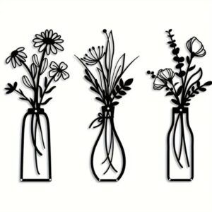Zwart metalen wanddecoratie van 3 vaasjes met bloemen