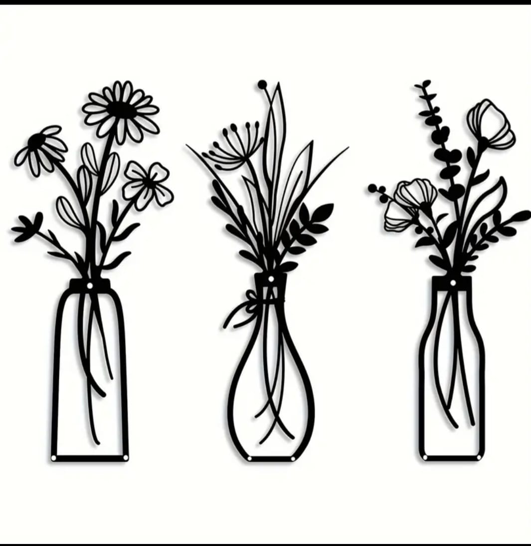 Metale bloemen in vaas wanddecoratie zwart 38 cm hoogte set van 3 - Fleurig en Mooi