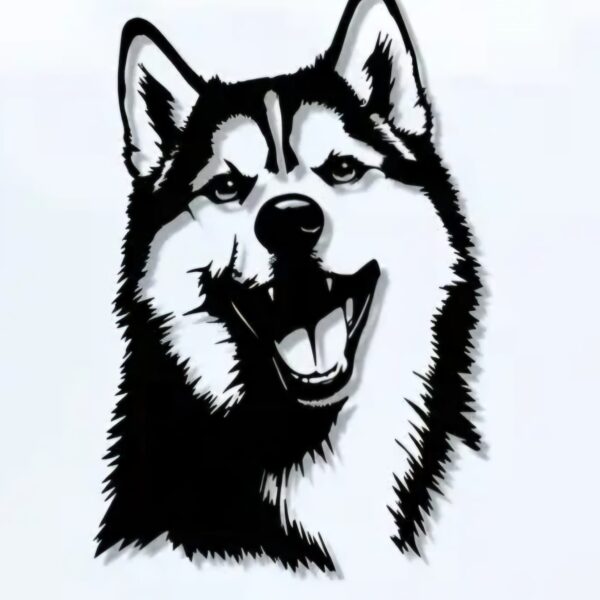 Zwart metalen wanddecoratie kop van een Husky