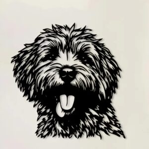 Zwart metalen wanddecoratie van een kop van een Labradoodle