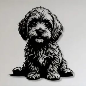 Zwart metalen wanddecoratie van een Labradoodle