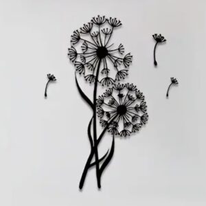 Zwart metalen wanddecoratie 2 takjes paardenbloempluisjes met 3 losse zaadpluisjes